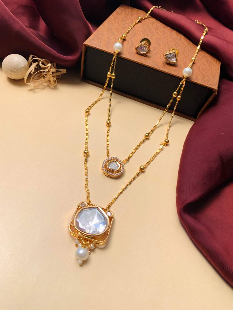 Multi Layered Long Layered Polki Necklace : GPPS2LayerNecklace