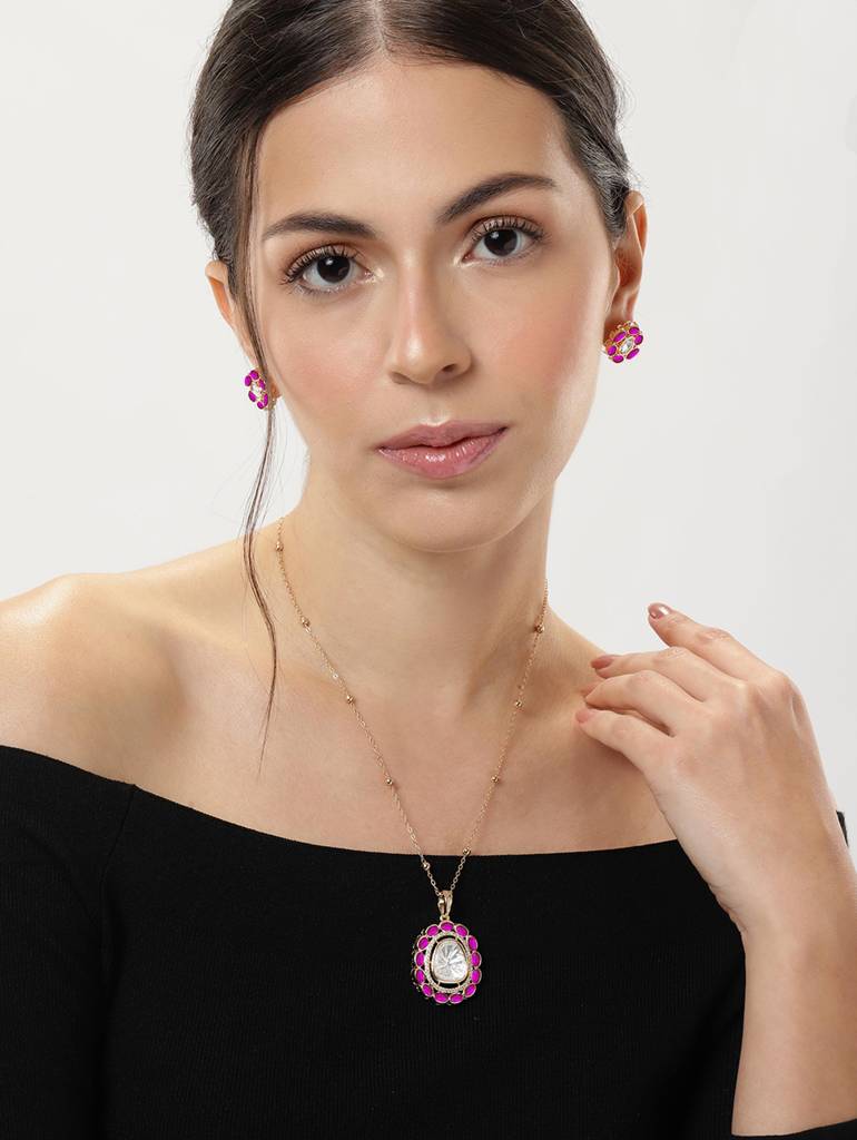 Trending Gold Plated Polki Pendant Set : GPPSCanalPink