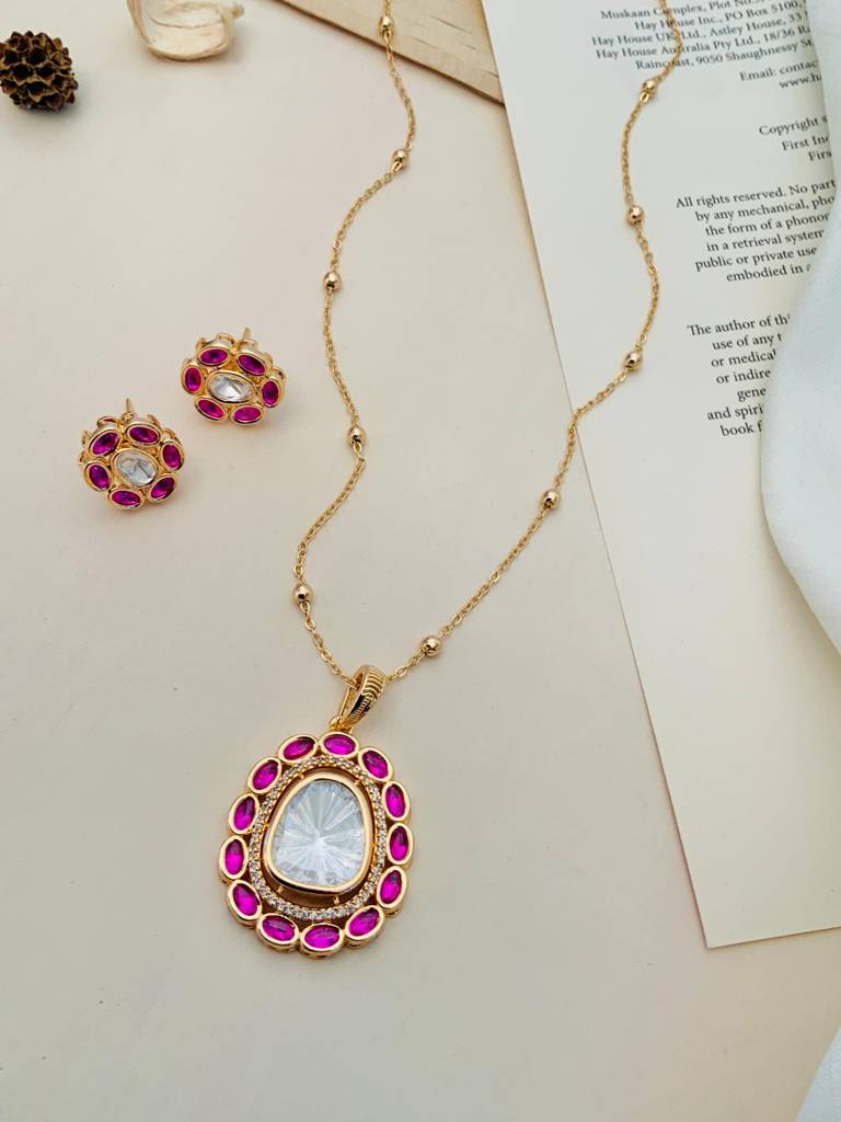 Trending Gold Plated Polki Pendant Set : GPPSCanalPink