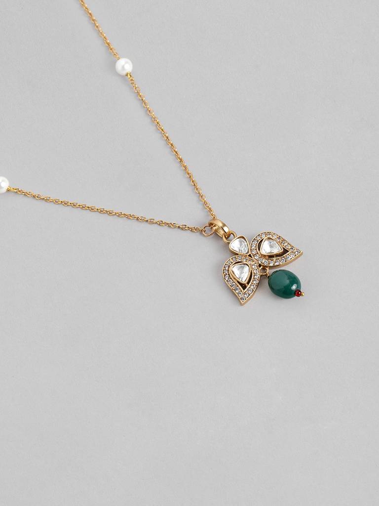 Gold Plated Kundan Polki & American Diamond Pendant Chain With Pair Of Earrings : GPPSJade02Green