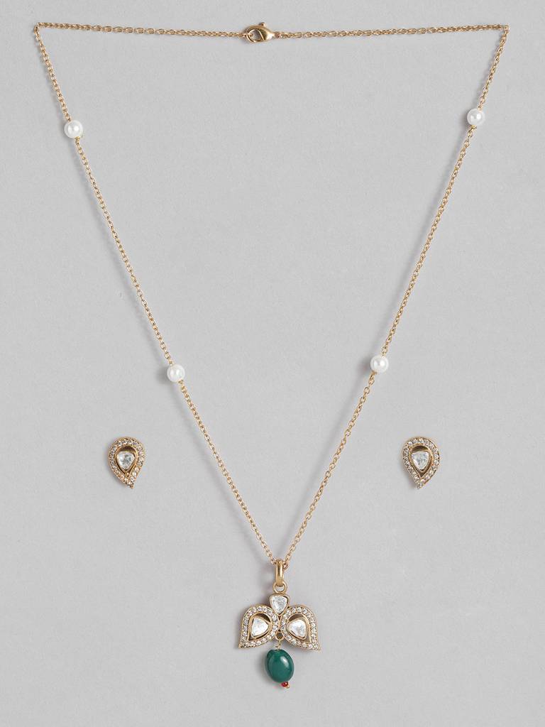 Gold Plated Kundan Polki & American Diamond Pendant Chain With Pair Of Earrings : GPPSJade02Green