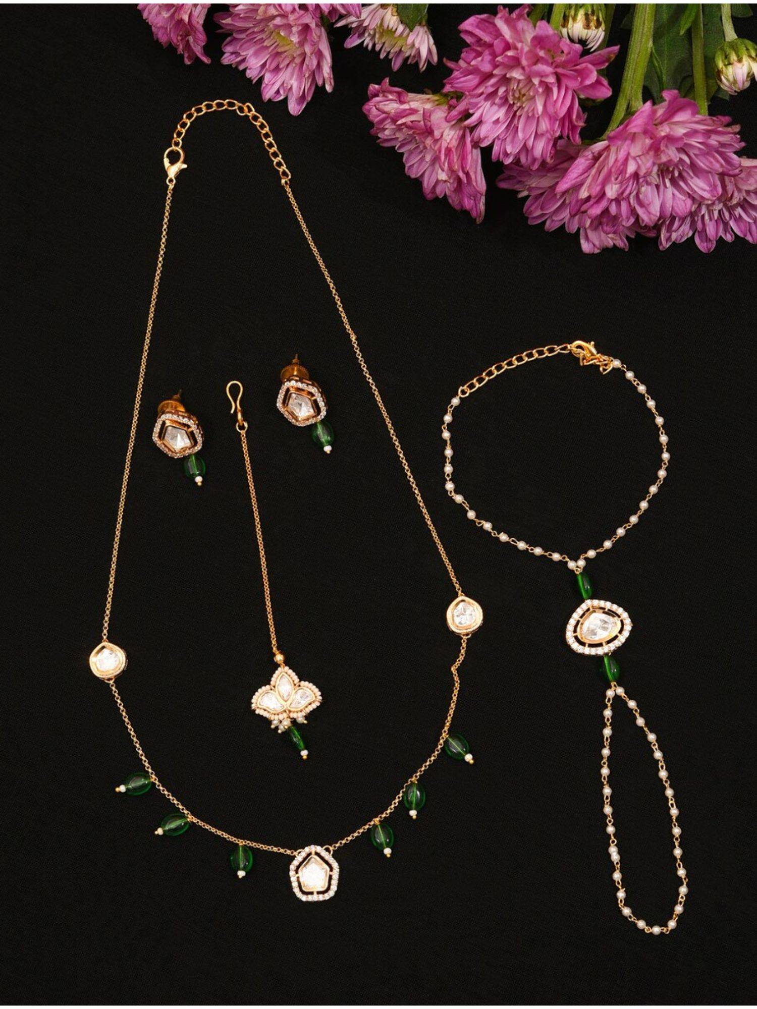 Embellished Gold Plated Polki Jewellery Bridal Set Combo : GPPochaComboDarkGreen