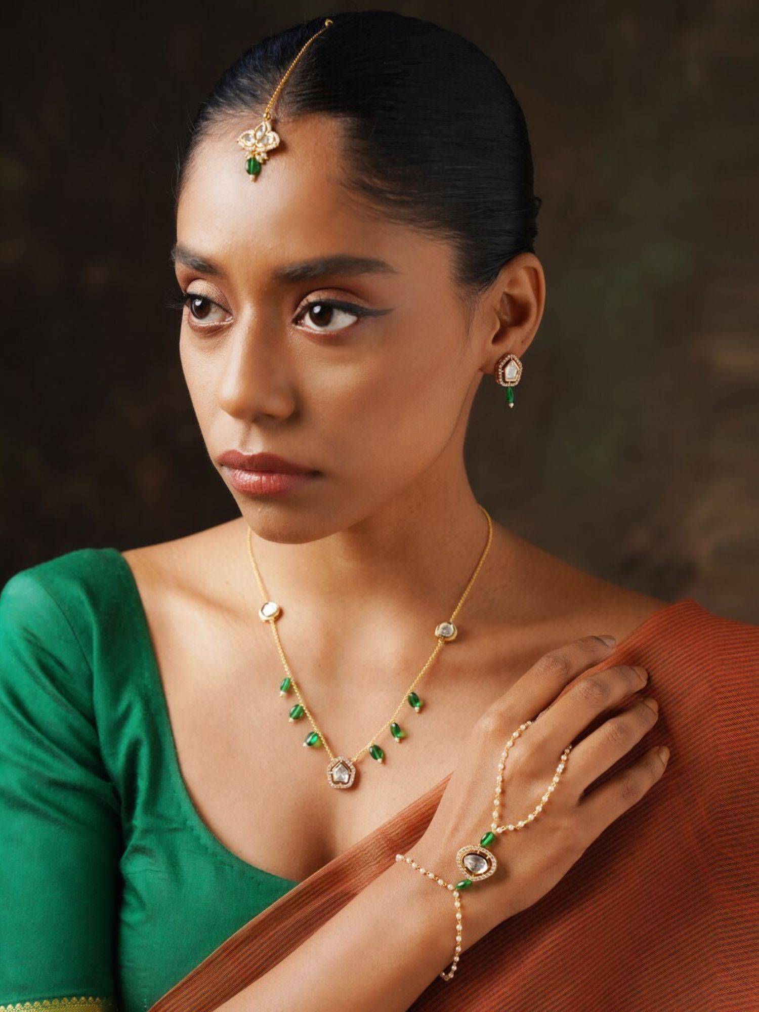 Embellished Gold Plated Polki Jewellery Bridal Set Combo : GPPochaComboDarkGreen