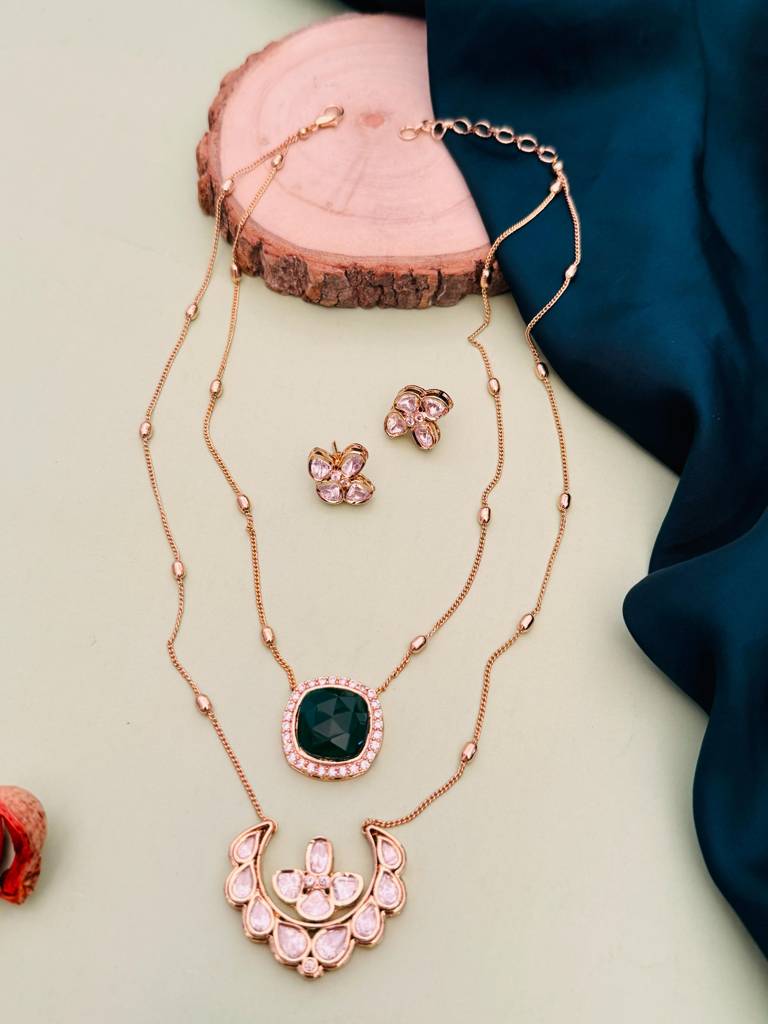 Sophisticated Gold Plated Temple Jewellery Set-Gppolkijj2Dualgreenlayerr01 : GPPolkiJJ2DualGreenLayerR01