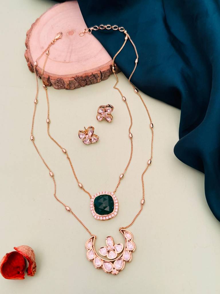 Sophisticated Gold Plated Temple Jewellery Set-Gppolkijj2Dualgreenlayerr01 : GPPolkiJJ2DualGreenLayerR01