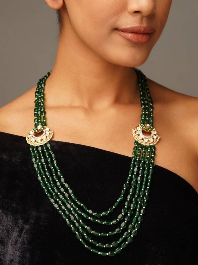 Beautiful Gold Tone Sabyasachi Inspired Jewellery Women : GPPolkiJJGreen5lineMalaR01