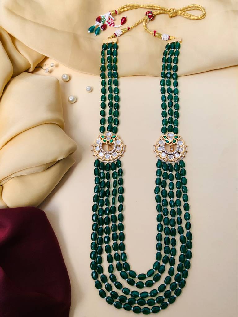 Beautiful Gold Tone Sabyasachi Inspired Jewellery Women : GPPolkiJJGreen5lineMalaR01