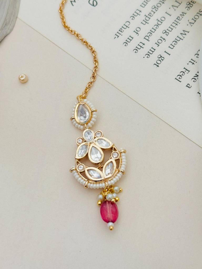 Gold-Plated Polki Kundan Studded And Beaded Maangtikka : GPPolkiJJMG01