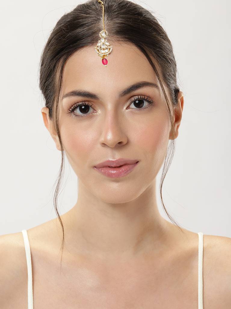 Gold-Plated Polki Kundan Studded And Beaded Maangtikka : GPPolkiJJMG01