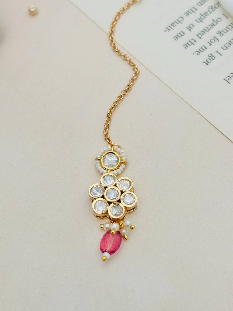 Gold-Plated Polki Kundan Studded And Beaded Maang Tikka : GPPolkiJJMG03