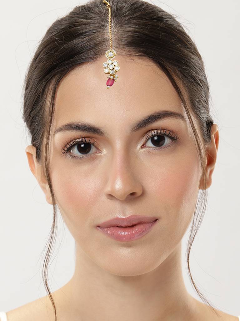 Gold-Plated Polki Kundan Studded And Beaded Maang Tikka : GPPolkiJJMG03