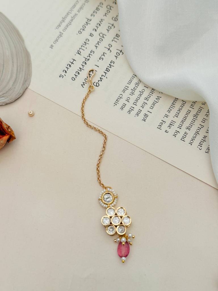 Gold-Plated Polki Kundan Studded And Beaded Maang Tikka : GPPolkiJJMG03