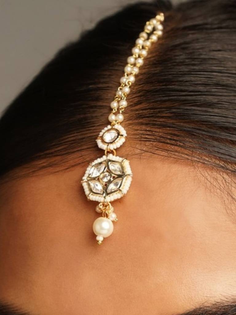 Gold Plated Polki Kundan Studded And Beaded Maang Tikka
-Gppolkijjmg05R01 : GPPolkiJJMG05R01