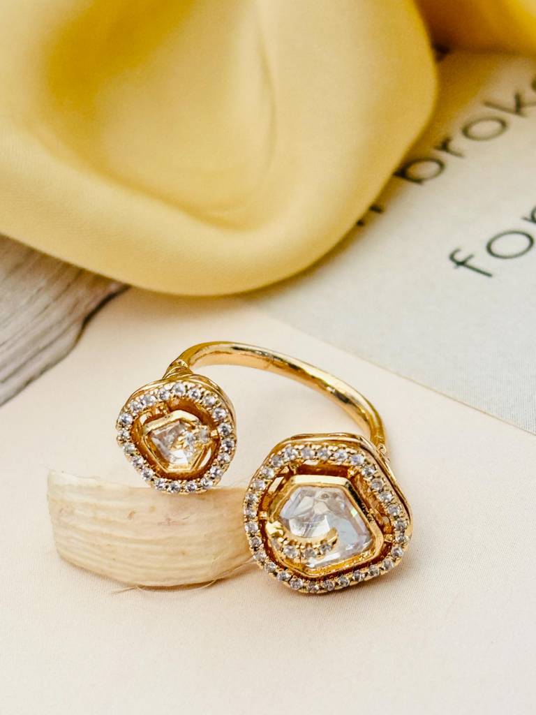 Magnificent Polki Studded Gold Plated Ring : GPSJRingPolkiTwin