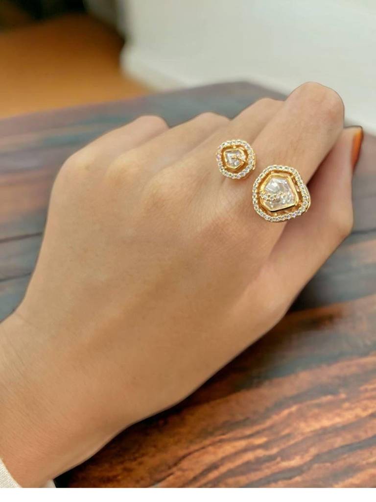 Magnificent Polki Studded Gold Plated Ring : GPSJRingPolkiTwin