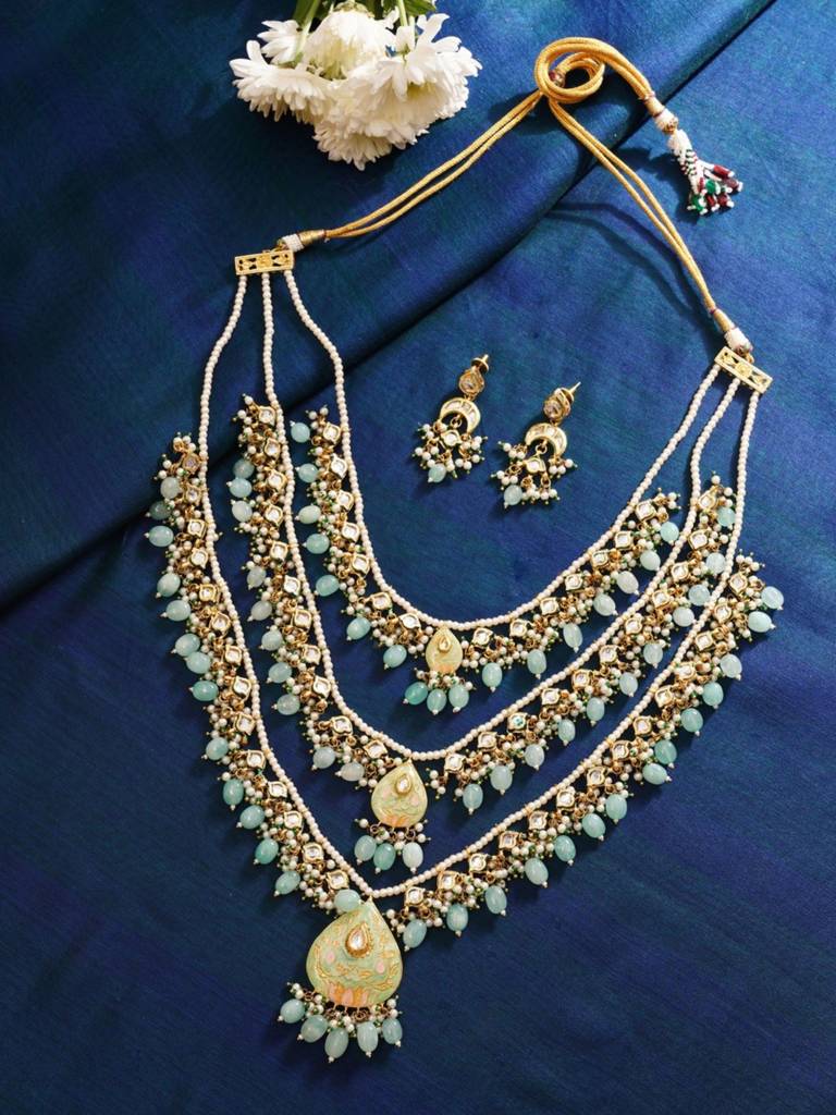 Handpaint Multilayered Meenakari Green Mala Set-Gpsrjmala3Lolivegreenr01 : GPSRJMala3LOliveGreenR01