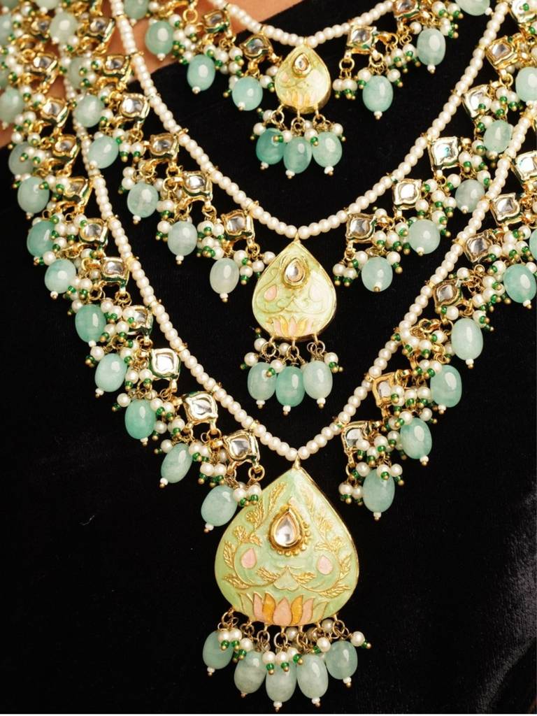 Handpaint Multilayered Meenakari Green Mala Set-Gpsrjmala3Lolivegreenr01 : GPSRJMala3LOliveGreenR01