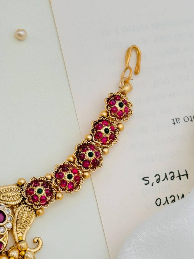 Gold Plated Kempstones Studded And Beaded Temple Maang Tikka : GPTJSGCMG01