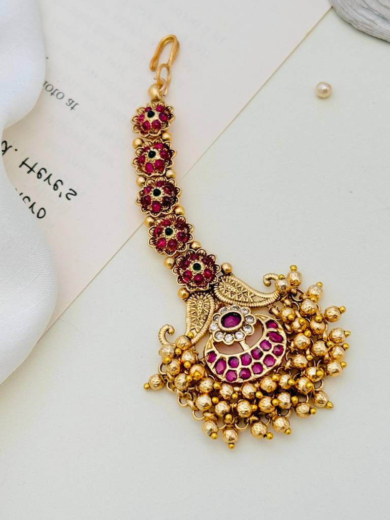 Gold Plated Kempstones Studded And Beaded Temple Maang Tikka : GPTJSGCMG01