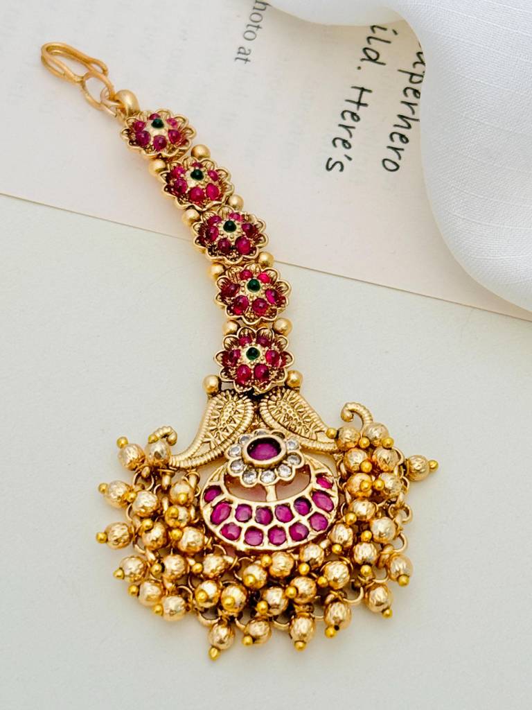 Gold Plated Kempstones Studded And Beaded Temple Maang Tikka : GPTJSGCMG01