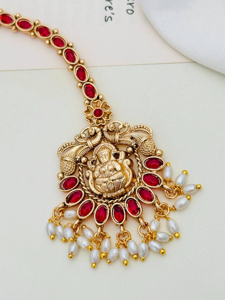 Designer Beaded Temple Maang Tikka With Gold Polished Kemp Stones : GPTJSGCMG06Red