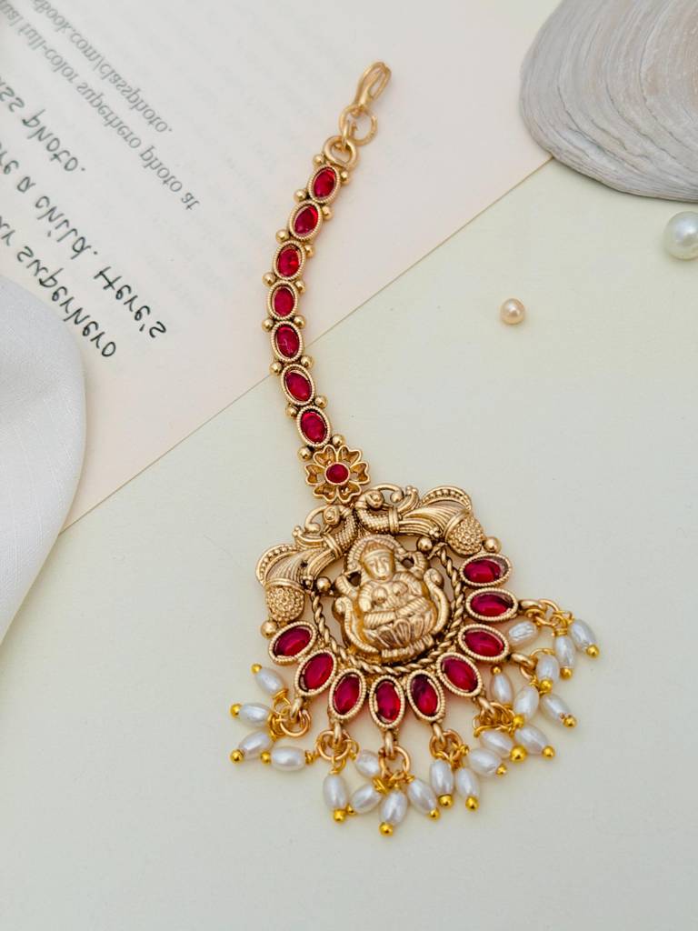 Designer Beaded Temple Maang Tikka With Gold Polished Kemp Stones : GPTJSGCMG06Red