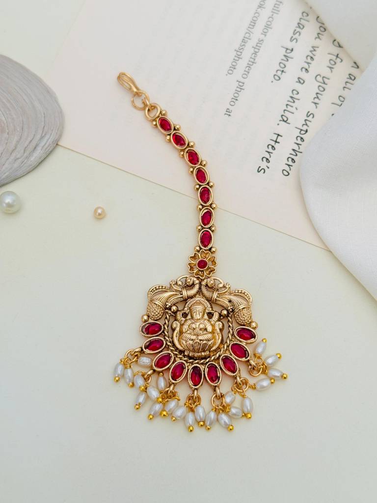 Designer Beaded Temple Maang Tikka With Gold Polished Kemp Stones : GPTJSGCMG06Red