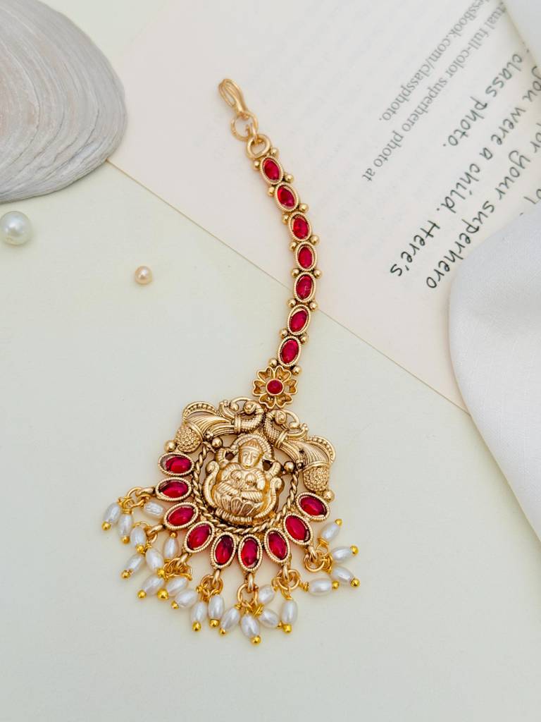 Designer Beaded Temple Maang Tikka With Gold Polished Kemp Stones : GPTJSGCMG06Red