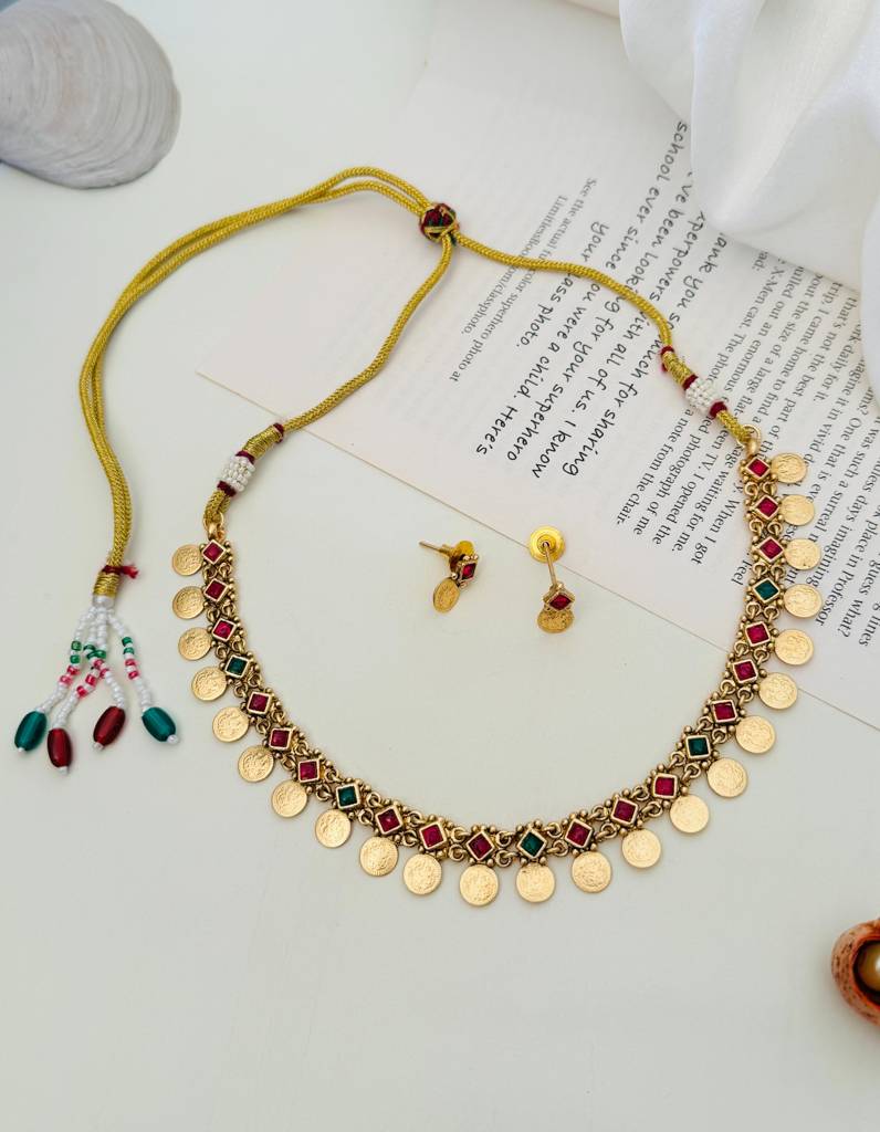 Antique Gold Plated Coin Kemp Choker Necklace-Gptjsgcnc16R01 : GPTJSGCNC16R01