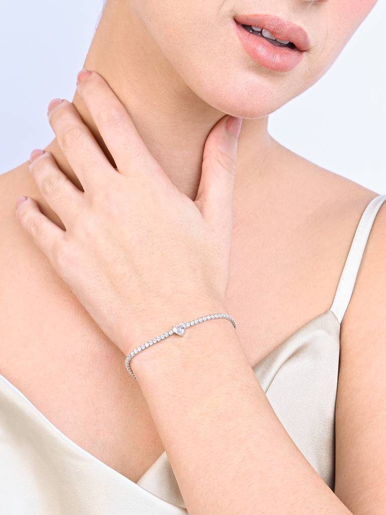 Dazzling Silver-Toned Tennis Bracelet For Women With Adjustable Solitaire Heart Cubic Zirconia Chain : GRLB1399
