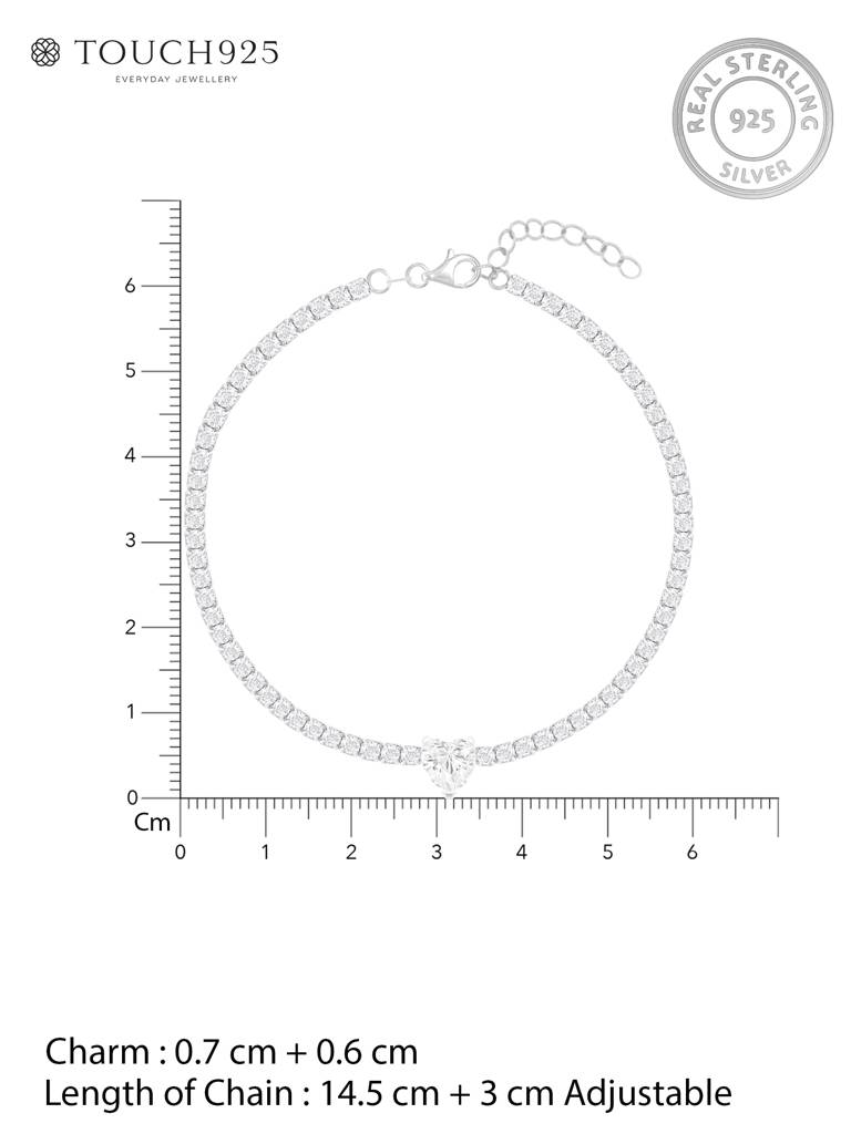 Dazzling Silver-Toned Tennis Bracelet For Women With Adjustable Solitaire Heart Cubic Zirconia Chain : GRLB1399