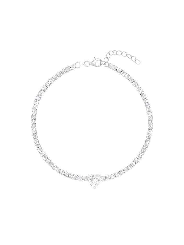 Dazzling Silver-Toned Tennis Bracelet For Women With Adjustable Solitaire Heart Cubic Zirconia Chain : GRLB1399