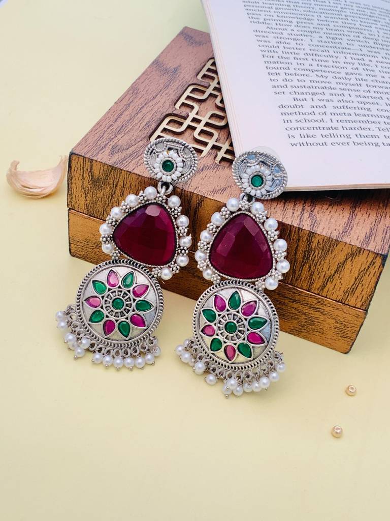 Glamorous Wine High Quality German Silver Earrings : GSEarringKC114Red