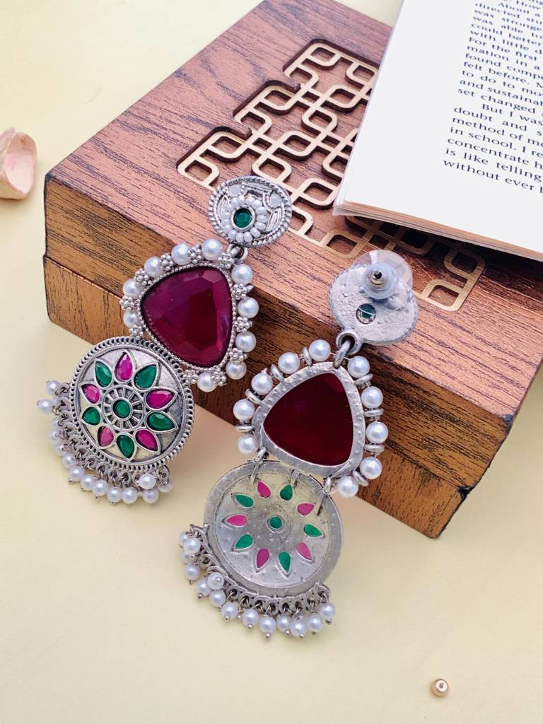 Glamorous Wine High Quality German Silver Earrings : GSEarringKC114Red