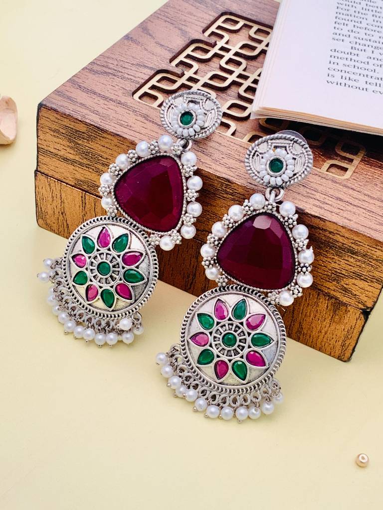 Glamorous Wine High Quality German Silver Earrings : GSEarringKC114Red