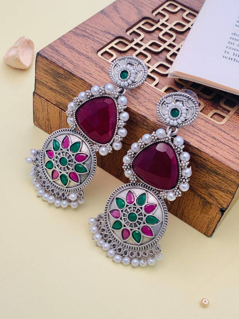 Glamorous Wine High Quality German Silver Earrings : GSEarringKC114Red