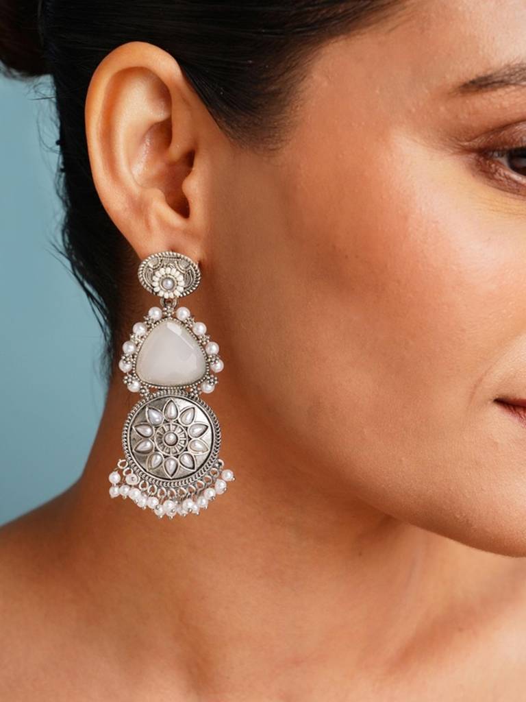 White - German Silver-Plated Ethnic Drop Earrings 79