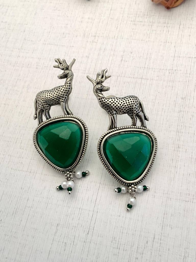 Elegant German Silver Plated Drop Earrings-Gsearringkc95Greenr02 : GSEarringKC95GreenR02