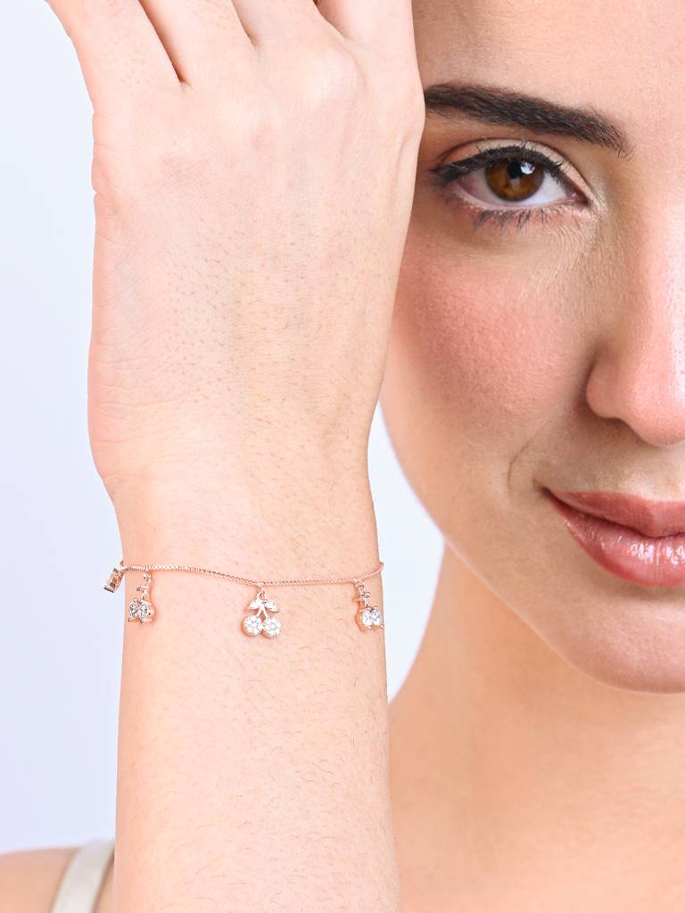 Beautiful Rose Gold-Toned Cherry Dangle Charm Bracelet : GVLB1988