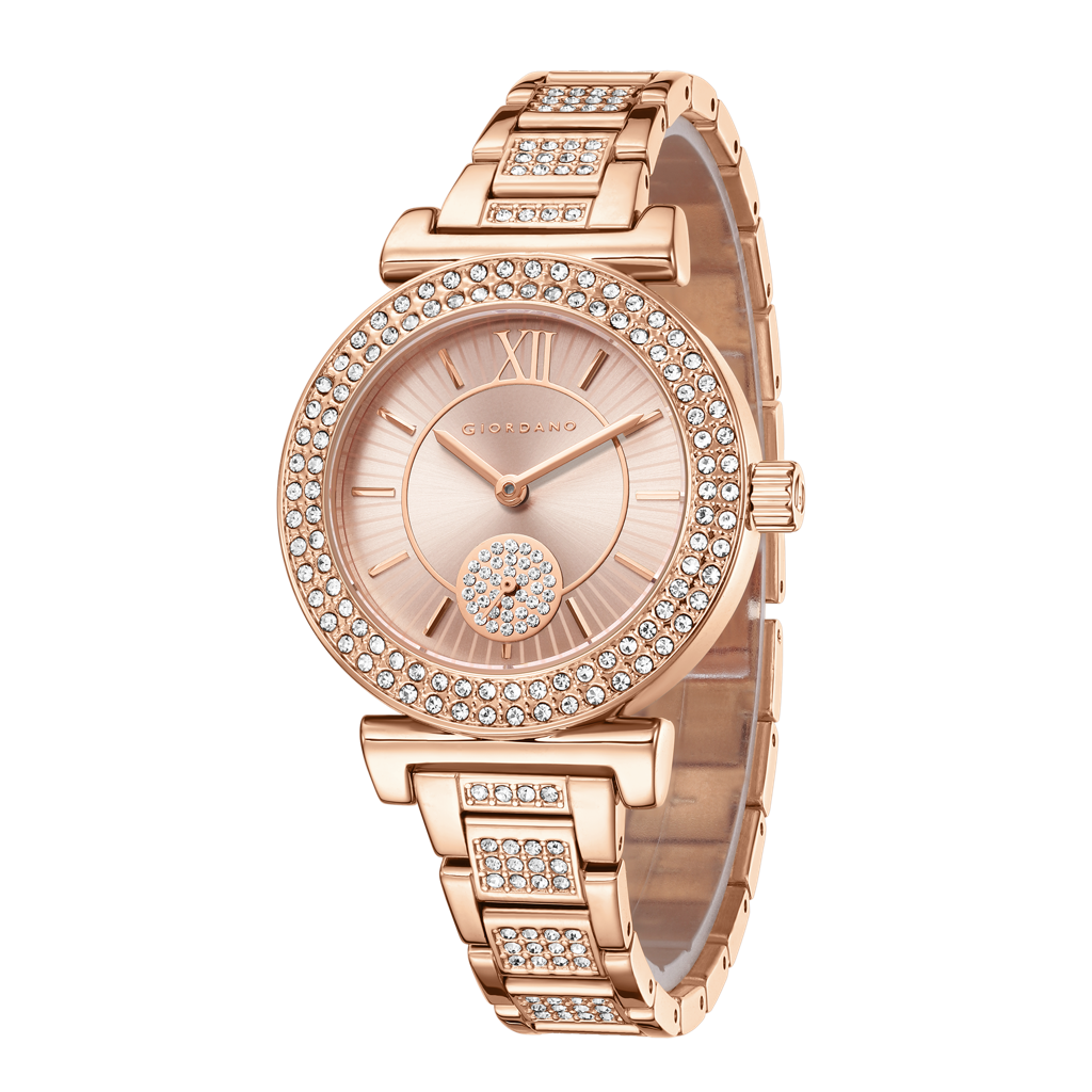 Giordano Luxury Analog Watch For Women - Elegant Crystal Design With Sub Dial And Diamond Studed Statinless Stee : GZ-60086-11