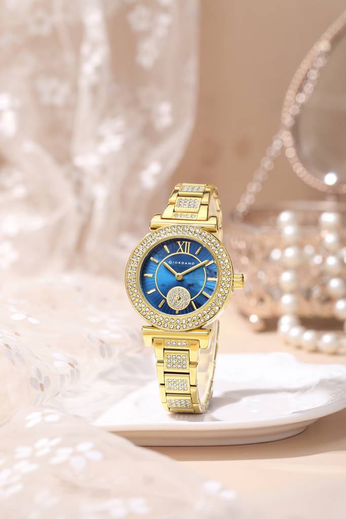Giordano Luxury Analog Watch For Women - Elegant Crystal Design With Sub Dial And Diamond Studed Statinless Stee : GZ-60086-22