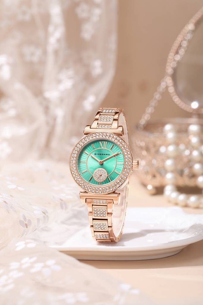 Giordano Luxury Analog Watch For Women - Elegant Crystal Design With Sub Dial And Diamond Studed Statinless Stee : GZ-60086-33