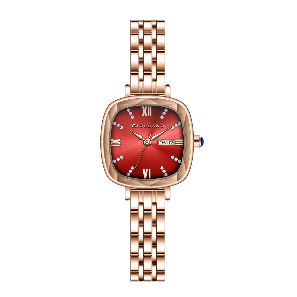 Giordano Elegant Square Rose Gold Watch For Women Â Crystal & Roman Hour Markers, Day-Date Display, Stainless  : GZ-60097-44