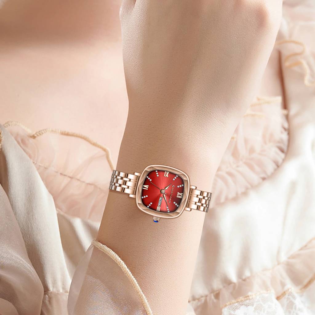 Giordano Elegant Square Rose Gold Watch For Women Â Crystal & Roman Hour Markers, Day-Date Display, Stainless  : GZ-60097-44