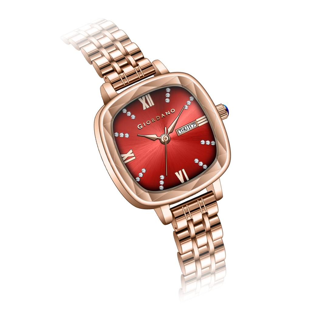 Giordano Elegant Square Rose Gold Watch For Women Â Crystal & Roman Hour Markers, Day-Date Display, Stainless  : GZ-60097-44