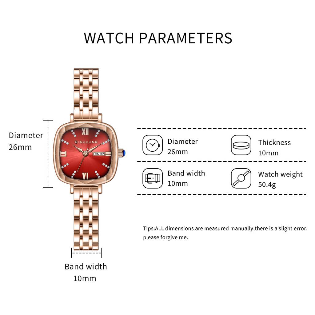 Giordano Elegant Square Rose Gold Watch For Women Â Crystal & Roman Hour Markers, Day-Date Display, Stainless  : GZ-60097-44