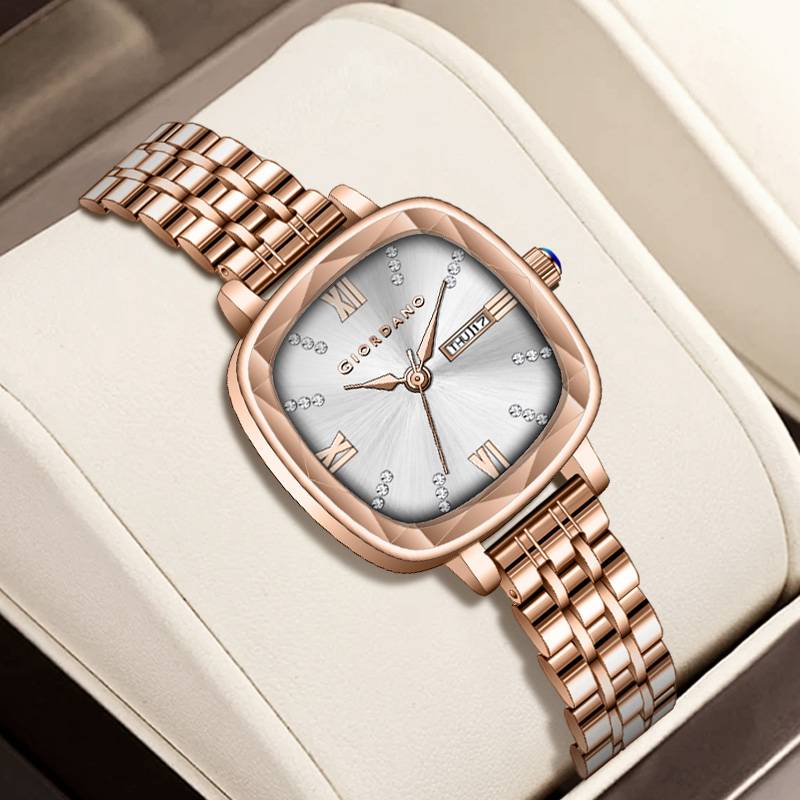 Giordano Elegant Square Rose Gold Watch For Women Â Crystal & Roman Hour Markers, Day-Date Display, Stainless  : GZ-60097-55