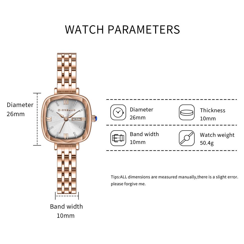 Giordano Elegant Square Rose Gold Watch For Women Â Crystal & Roman Hour Markers, Day-Date Display, Stainless  : GZ-60097-55