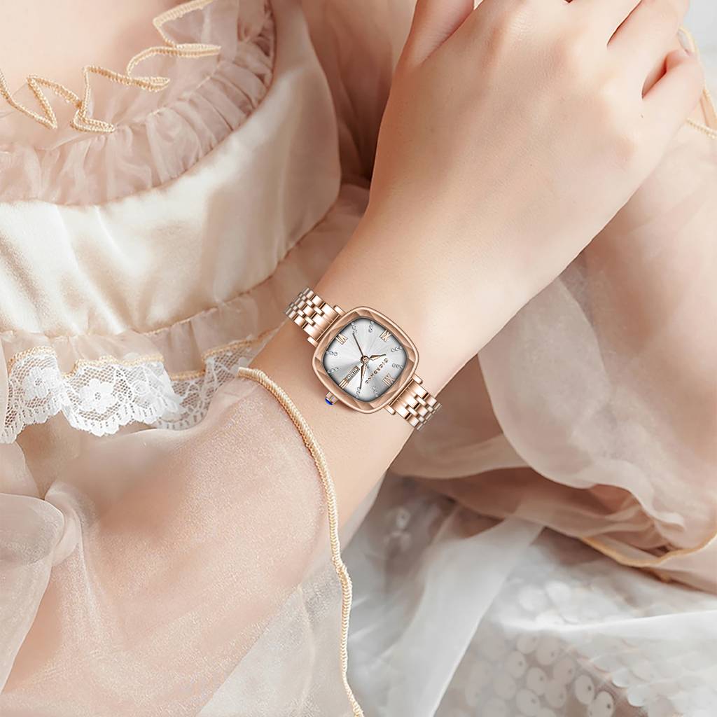 Giordano Elegant Square Rose Gold Watch For Women Â Crystal & Roman Hour Markers, Day-Date Display, Stainless  : GZ-60097-55