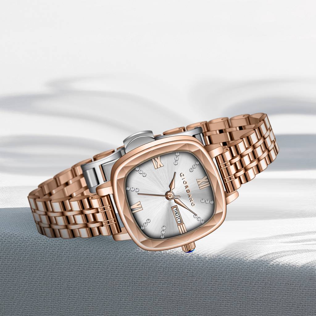 Giordano Elegant Square Rose Gold Watch For Women Â Crystal & Roman Hour Markers, Day-Date Display, Stainless  : GZ-60097-55